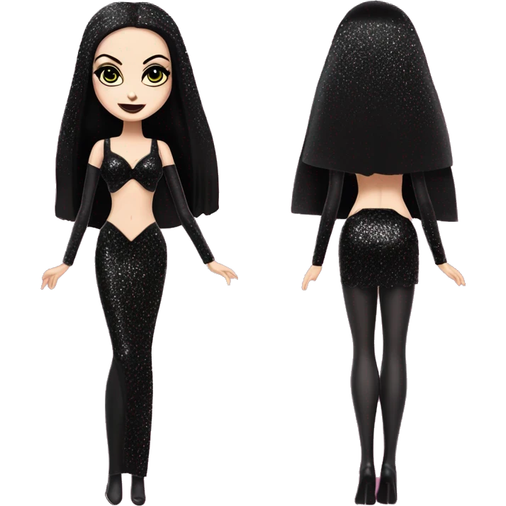 Teen Morticia Addams. Short Gothic bikini glitter Barbie  emoji