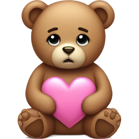 Teddy bear with sad eyes holding a pink heart emoji