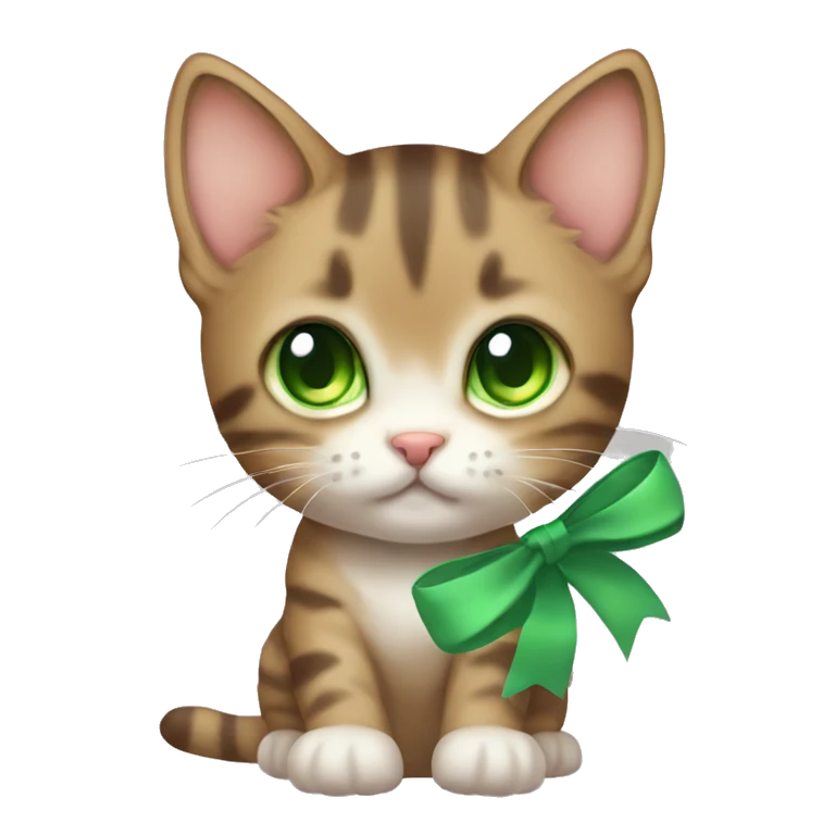 kawaii brown tabby kitten with green eyes and pastel green bow emoji