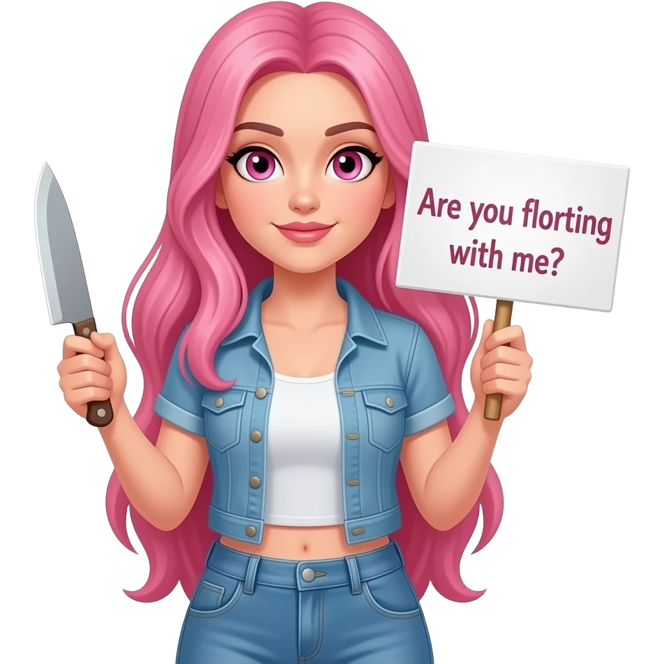 sexy girl with long pink hair and pink eyes wearing a holding a A KNIFE? Are you flirting with me? sign emoji