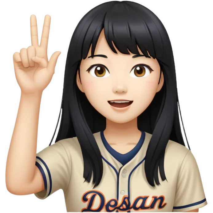 East Asian woman with long black straight hair and bangs cheering for Doosan Bears baseball team emoji