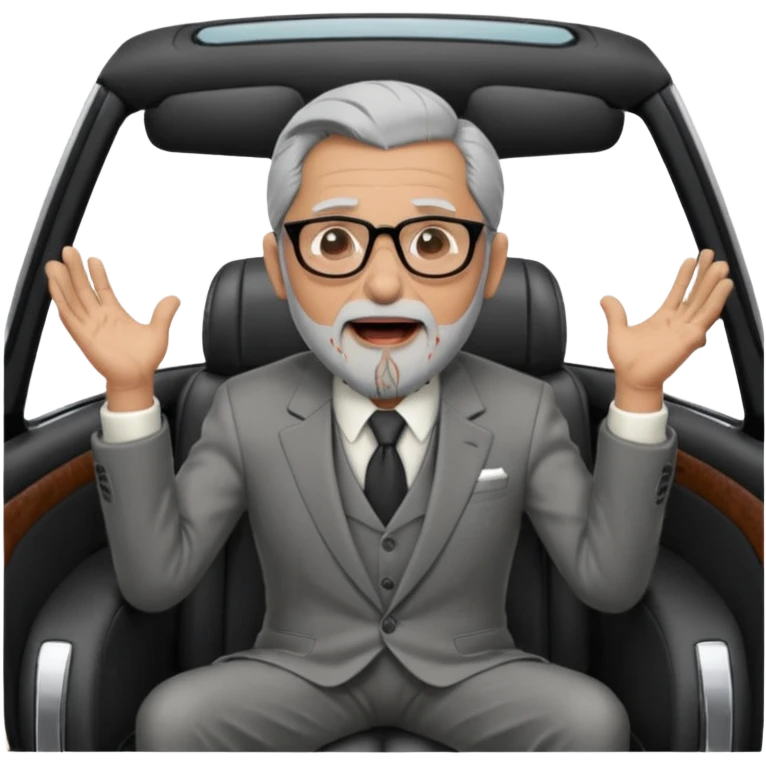 Professor Bentley Dyed black gray hair  frencb beard graying indian guy in suit sitting in a bentley car and screaming fraud. Older look around 60 yrs  with glasses slight balding emoji