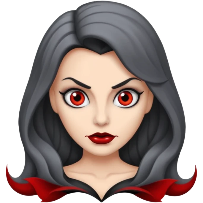 vampira com o tom de pele cinza com os olhos vermelhos, cabelos longos e ondulados e pretos emoji