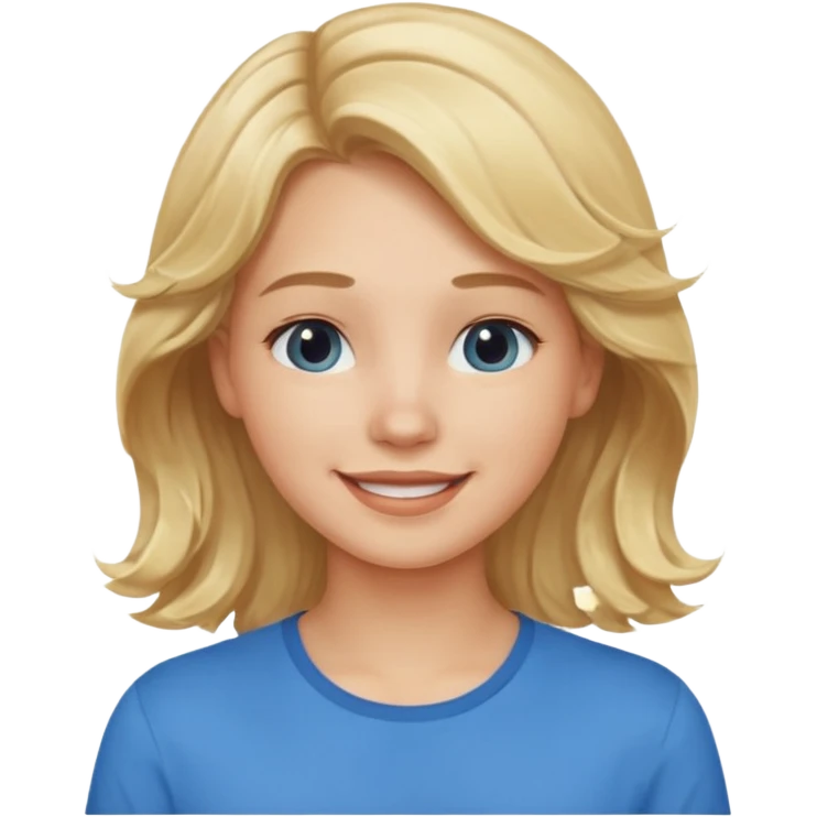 Happy blond girl with light weavy hair with a blue shirt but we can see only her face and neck and the top of the t shirt, no whole body emoji