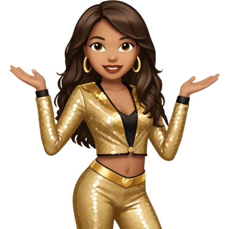 Tenitra Michelle Williams, R&B Singer from Destiny's Child with long dark brown hair, gold sequin outfit, medium dark skin emoji