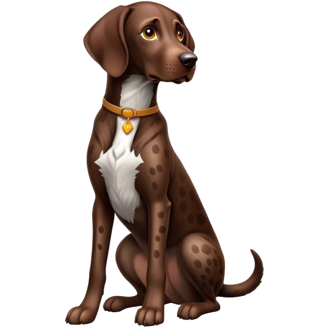 cinematic-[german pointer]-realistic-full-body-sitting-emoji,-tail-resting-loosely-beside-its-paws,-head-tilted-dramatically,-sleek-[brown spotted]-fur,-simplified-yet-realistic-focused-features,-highly-detailed,-glowing-with-an-almost-sarcastic-glow emoji