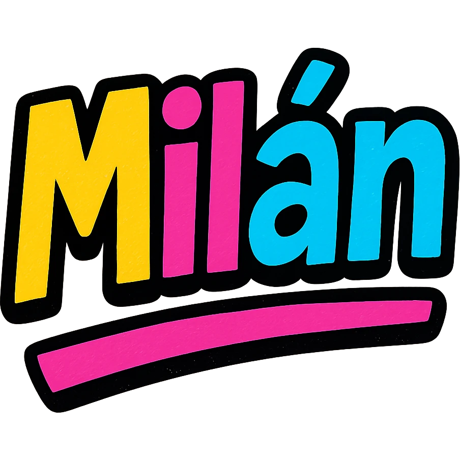 Milán name in modern colorful gradient font with dark outline, dynamic slanted or partial underline, in the style of reference patterns emoji