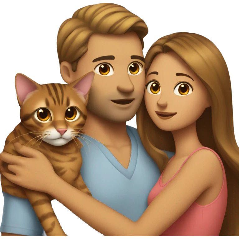 A man hugs a long brown-haired skinny hot woman and a bengal cat emoji