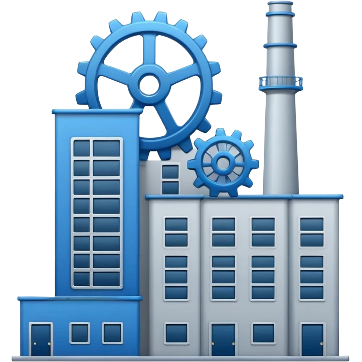 "A minimalist vector icon of a modern manufacturing factory building with a gear symbol above it. Blue and grey color scheme, flat design, white background, simple thick lines, professional business logo style." emoji