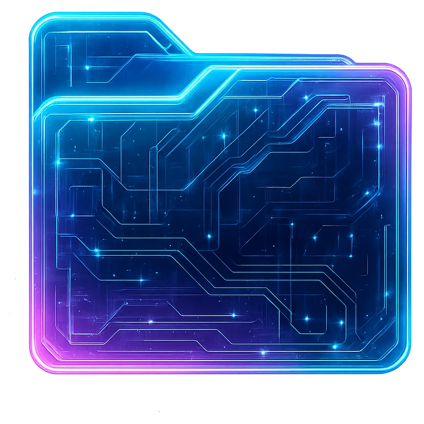 Transform the Windows folder icon into a cyberpunk-style folder with glowing neon edges, holographic effects, and futuristic details, as if displayed on a sci-fi hologram PC. Maintain a transparent background to emphasize the holographic and neon glow effects. emoji