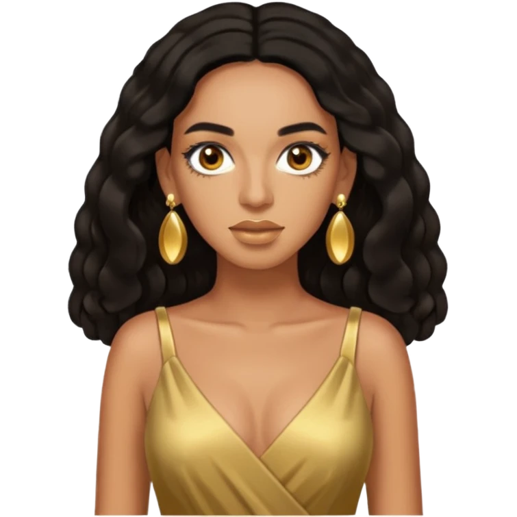 Solange brown eyes, black long hair, gold dress with earrings emoji