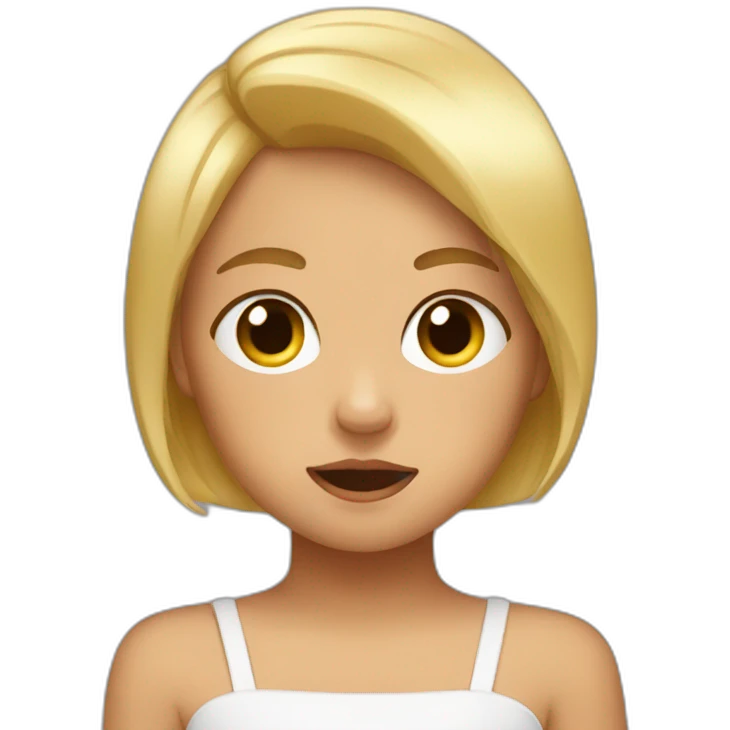 tanned blonde girl with bobbed hair miming a crying baby emoji