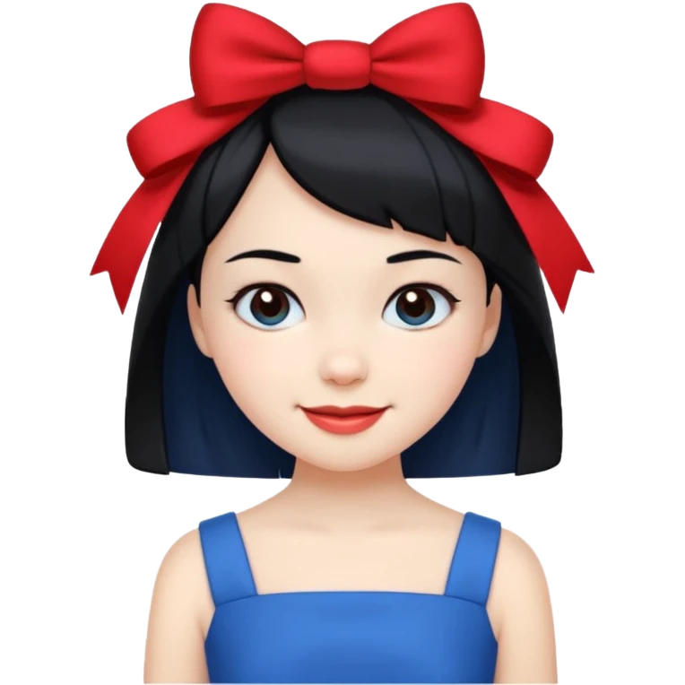 girl with white skin, short black hair, red bow, wearing a blue dress, smiling emoji