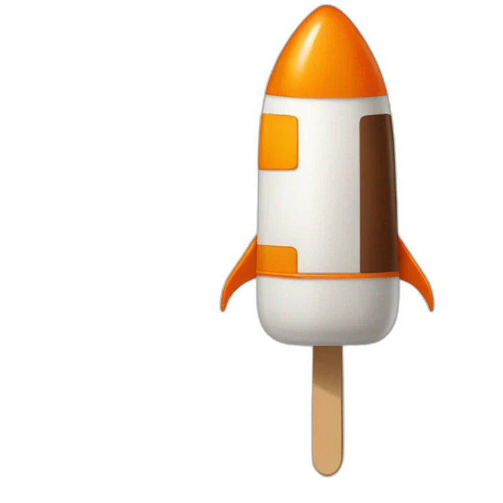 a white and orange popsicle shaped as a rocket with a chocolate top which is wearing a sword emoji