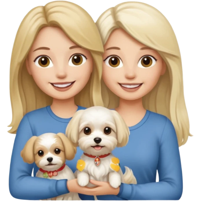 two women are holding only one Maltese dog. one woman is brunette the other woman is blonde long haired  emoji