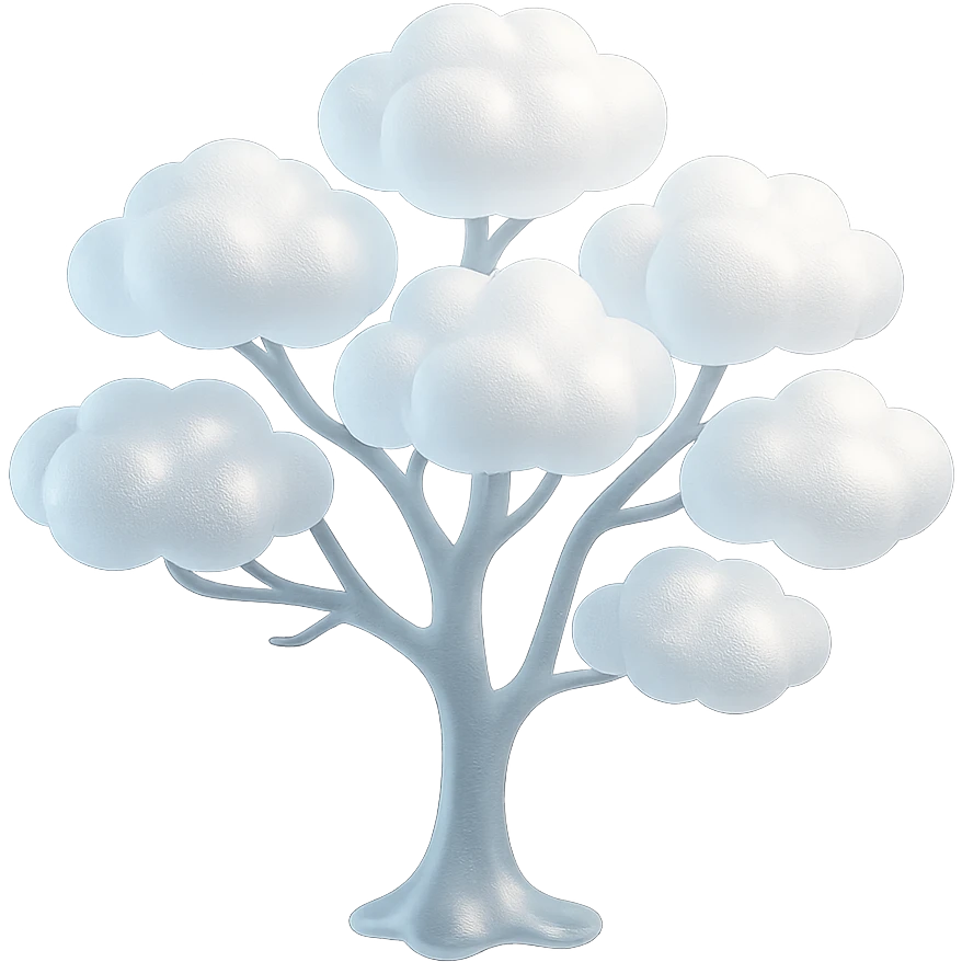 one tree with many branches and a white trunk, crown made of small very bright white fluffy convex clouds, matte glass style emoji