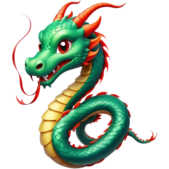 Cinematic Cute Chinese Serpent Dragon Portrait Emoji, Head tilted playfully and inquisitively, showcasing a slender, flowing body with vibrant jade scales and soft vermilion accents intertwined with whimsical wisps of cloud and water details; rendered with realistic finesse and warm natural light, high shine, charming and spirited, styled with a touch of mythic whimsy, soft glowing outline, capturing the essence of a mischievous yet endearing celestial dragon poised to weave magic into your dreams! emoji