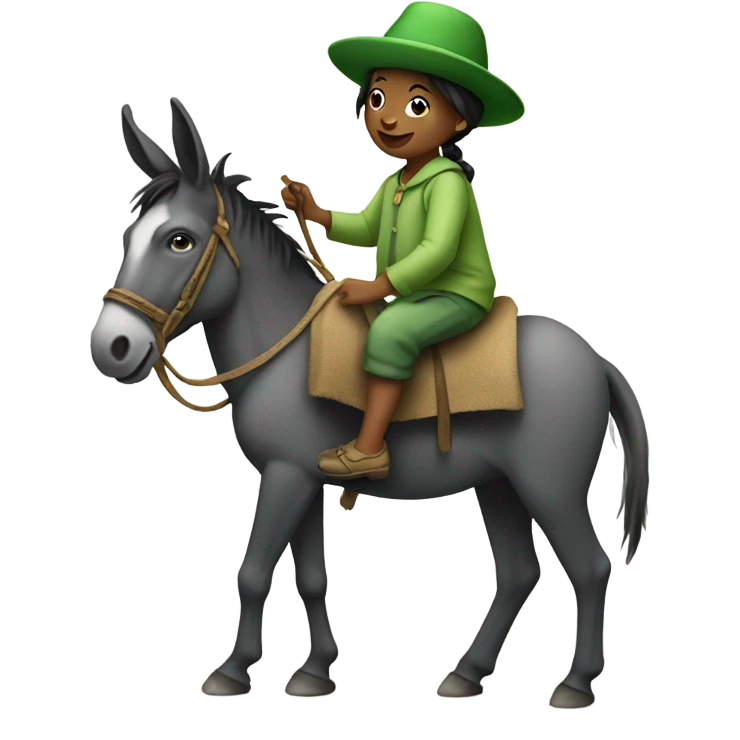 Little person riding a donkey with a green hat emoji