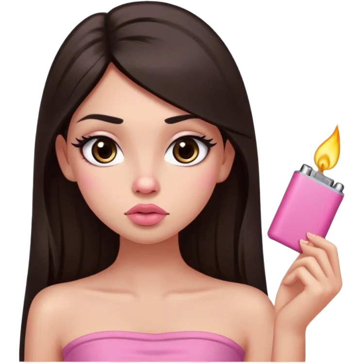 girl with lighter skin, dark brown long straight hair, pouty shiny lips without cupid's bow, large eyes, lighter button nose, long oval-shaped face, wearing a pink bandeau top with straight neckline emoji