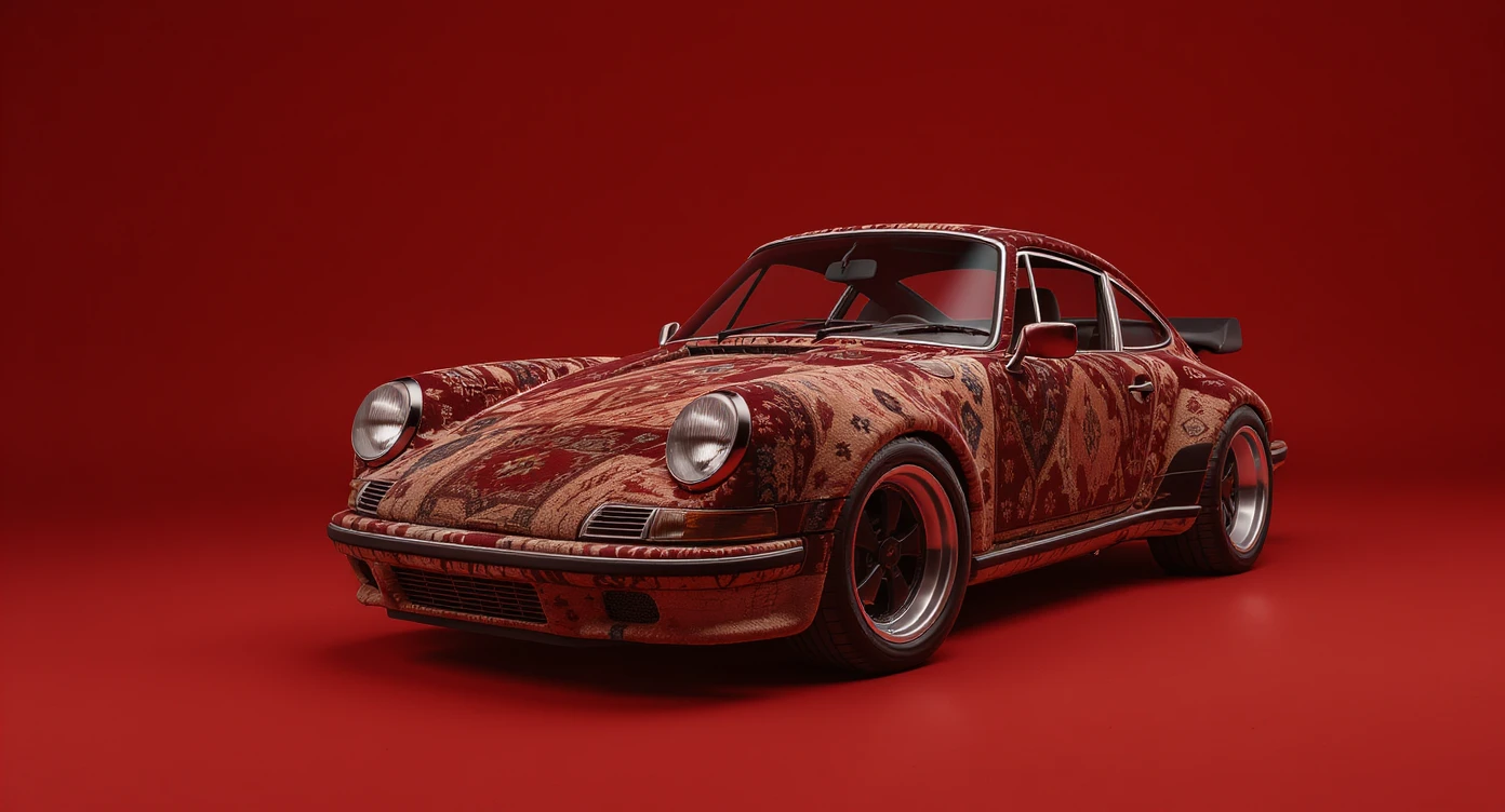 Medium shot of a porsche 911, body of car made of russian carpet with patterns, red solid studio background, low keu light, top soft light, dutch angle,  captured by ARRI 65 emoji