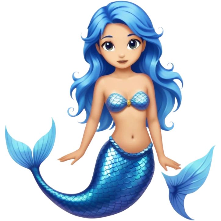 Cinematic Realistic Blue Hair Mermaid Portrait, depicted with lifelike, sun-kissed tanned skin that exudes a warm, radiant glow under gentle underwater lighting. Her intricately detailed, flowing blue hair cascades like a waterfall of ocean hues, framing deep, mesmerizing eyes that capture the vibrant spirit of the sea. Adorned with a shimmering tail and delicate tropical accents, the portrait features an enchanting underwater glow that blends realism with mythic coastal allure. emoji