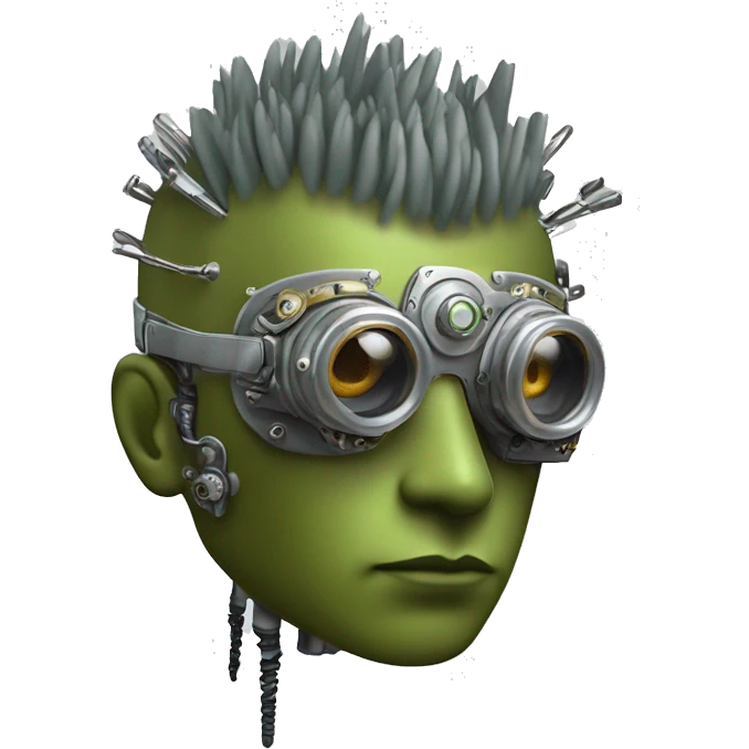 Olive green mohawk cyborg head with silver steampunk goggles, goatee and circuits emoji