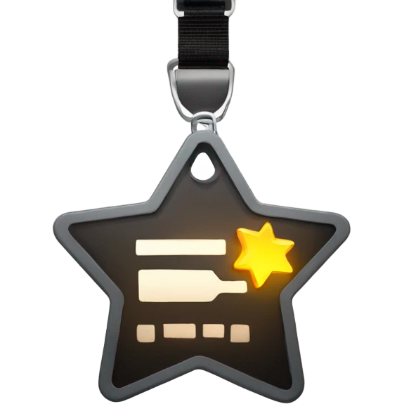A modern press pass badge with two glowing stars, a lanyard, and bold typography, symbolizing membership progression emoji