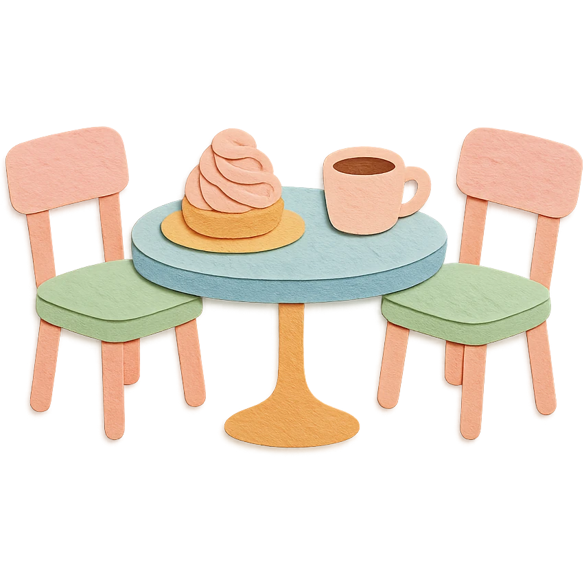 kawaii coffee shop table and chairs set with dessert and coffee, soft pastel hand-drawn illustration emoji