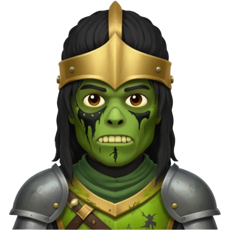 A black male with long black rough hair wearing a knight helmet with green zombie skin emoji