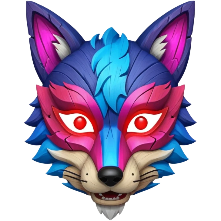 Ancient wooden mask, broken in half, luminous and neon with red, blue, and pink fox-like glow. Fragments of the mask scattered around. emoji