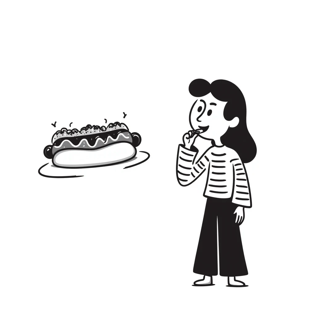 notion style hand drawn doodle of a Chilean person happily eating a completo hot dog emoji