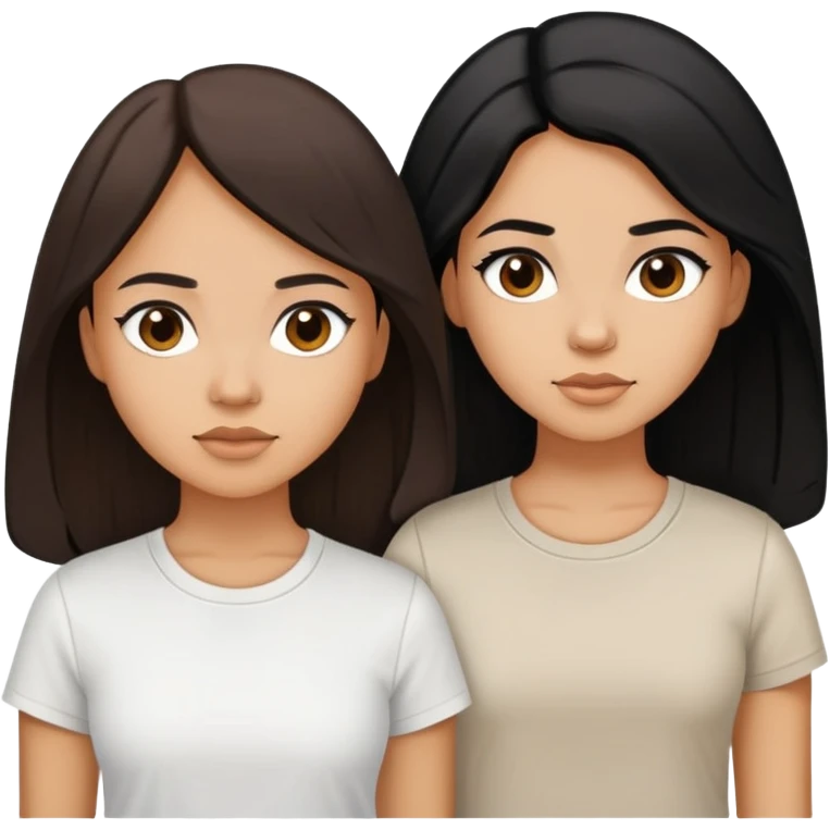 Three sisters, light skin with long dark brown hair, tan skin long black hair, tan skin dark brown short hair, white tee emoji