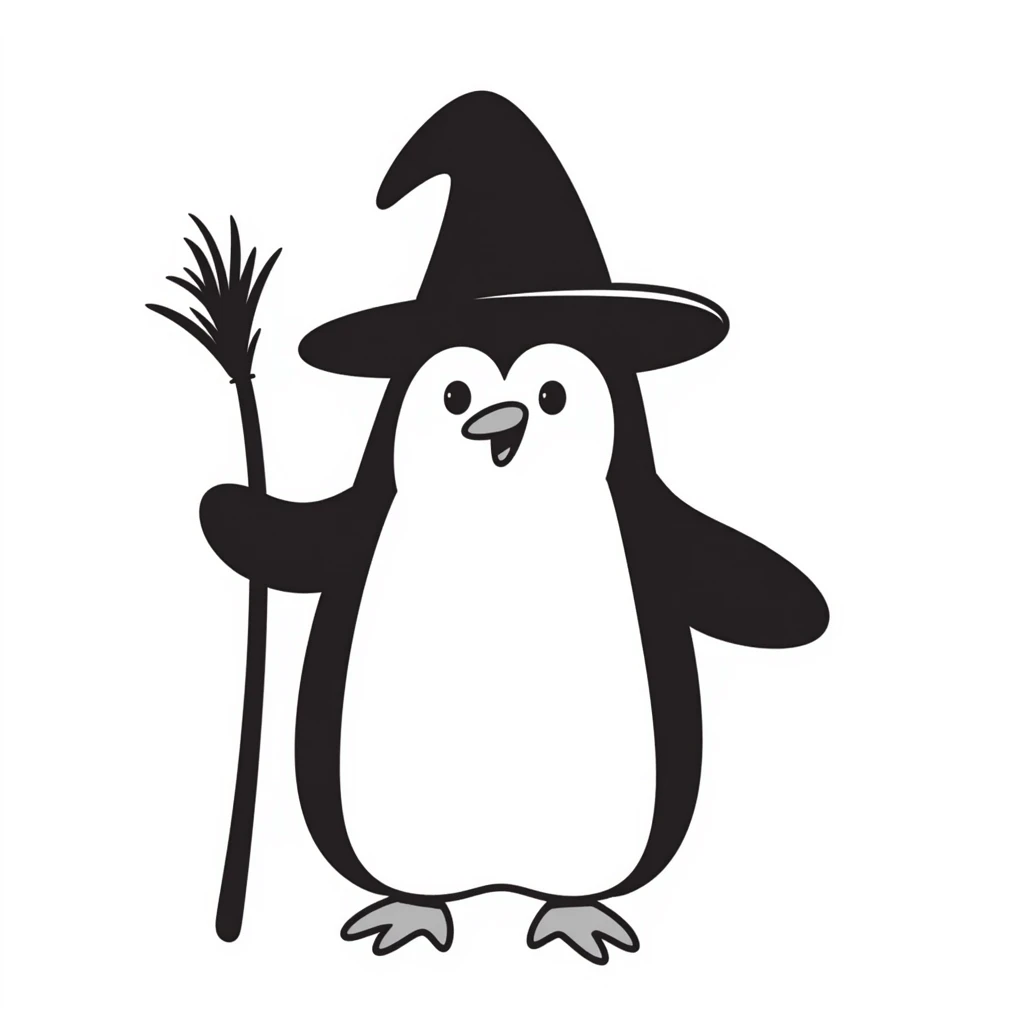 Penguin wizard with pointed hat and magic staff emoji