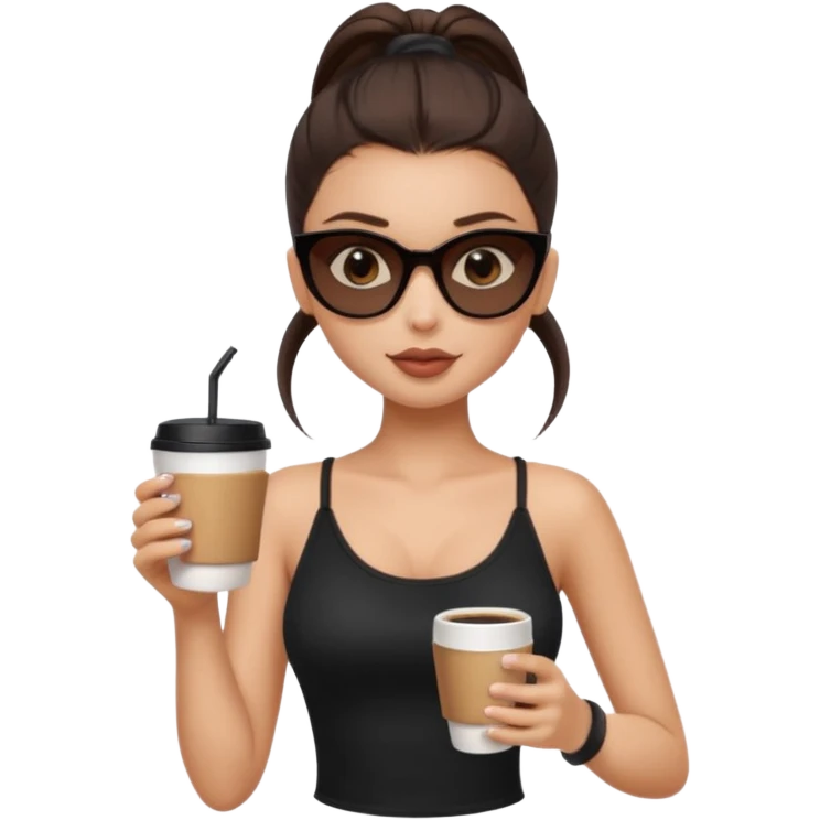 generate a pretty fair bratz girl with dark brown eyes, dark brown eyes tied into a slick back ponytail, thin brown sunglasses. Wearing a black cami top and drinking coffee emoji