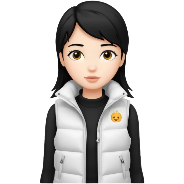 girl with black hair in a white puffer vest emoji