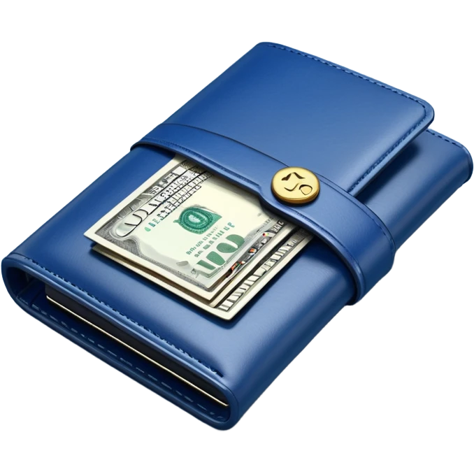 Rich emoji style Deep Blue leather wallet with dollar bills, luxury money vibe, premium 3D emoji, ultra clean, high detail, no background emoji