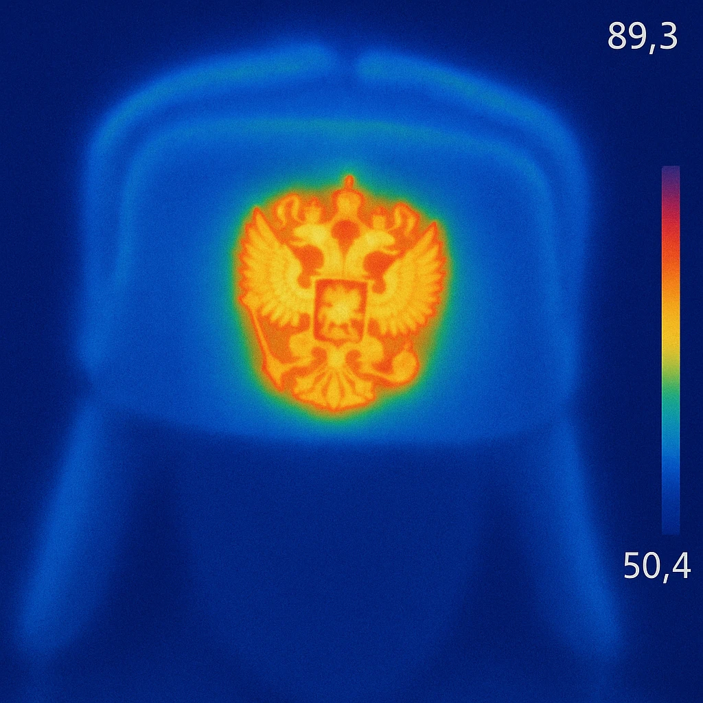 Russian hat ushank with the coat of arms of Russia, with background, thermal camera style emoji