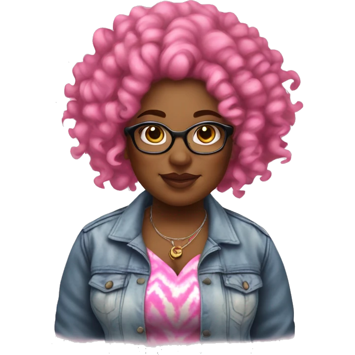 Pretty Plus size black woman with pink curly hair and a tie dye jacket  emoji