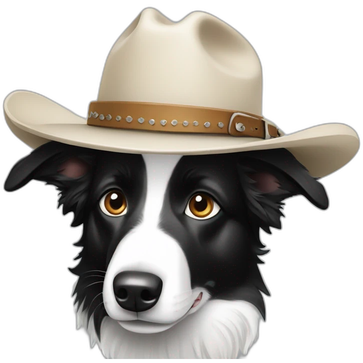 Black and white Border collie wearing a cowboy hat emoji