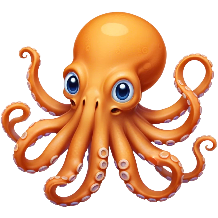 Cinematic Comical smirking Octopus Portrait Emoji, Head tilted dramatically with an exaggeratedly amused expression, featuring a rotund, light orange body festooned with bold blue rings and eight wildly expressive arms with comically animated suckers, Simplified yet hilariously expressive features, highly detailed, glowing with a slightly sassy underwater glow, high shine, dramatic yet playful, stylized with an air of quirky marine mischief, soft glowing outline, capturing the essence of a meme-worthy octopus that looks ready to squirt its way into viral fame! emoji