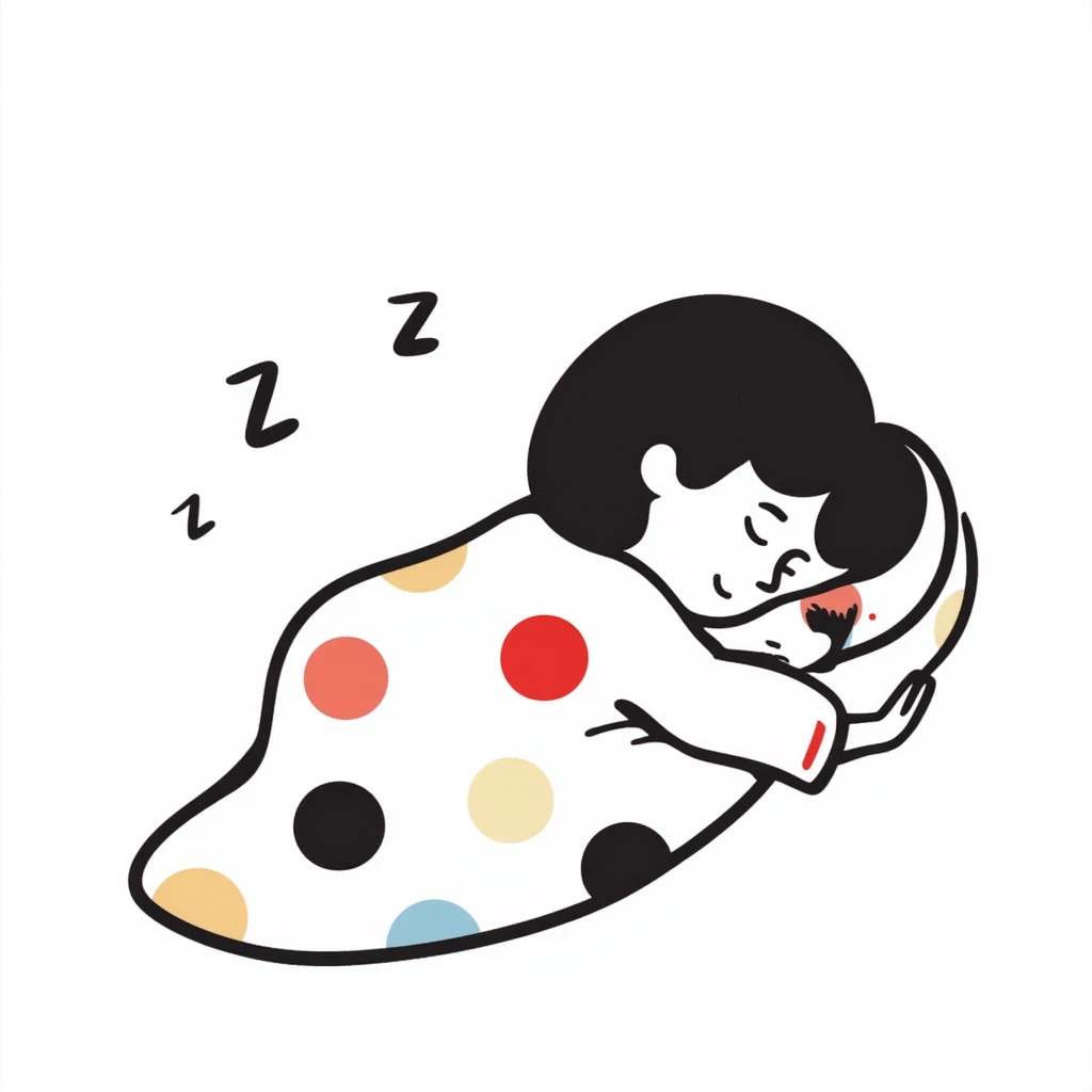 A cute curled-up sleeping person under a colorful blanket with peaceful smile and soft Z's floating. Cozy feeling with gentle pastel colors. Hand-drawn doodle style. emoji