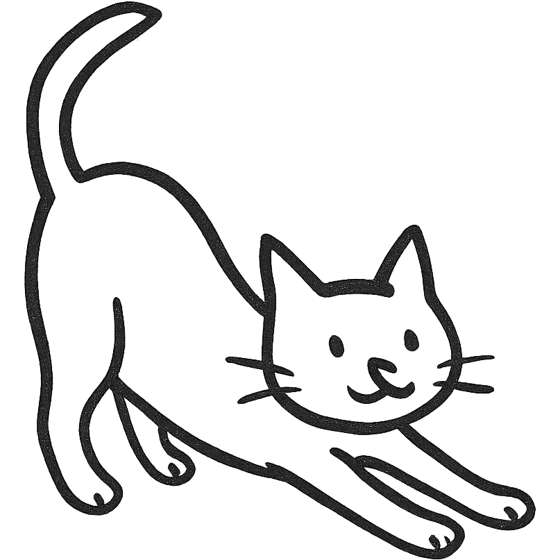 hand-drawn black outline icon of a cat named Murzik, stretching with perked ears emoji