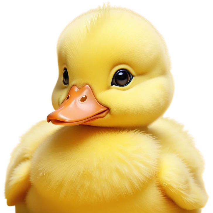 Cinematic Cute Yellow Baby Duck Portrait Emoji, Head tilted playfully and inquisitively, featuring a fluffy, vibrant yellow downy coat with a tiny delicate beak, round, sparkling eyes filled with curiosity, Simplified yet irresistibly adorable features, highly detailed, glowing with a warm, friendly glow, high shine, affectionate and spirited, stylized with a touch of playful whimsy, bright and endearing, soft glowing outline, capturing the essence of a mischievous yet loving duckling, so playful it feels like it could peep out of the screen and into your arms! emoji