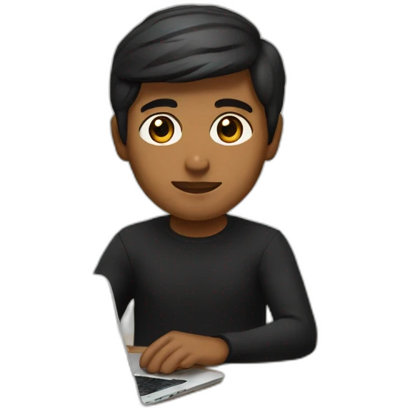     memoji of a man with a laptop in front, apple-style,modern,dark hair,black sweater,computer in hand, srilankan brown skin, sitting on his desk, eyes brown emoji