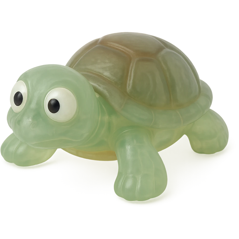 Make the turtle a natural color (e.g., green with a brown shell), more transparent and see-through, retro 90's toy style, derpy eyes, no tag, no background, soft plastic, soft reflections, soft and squishy, some cloudiness, not shiny, highly detailed, appealing. emoji