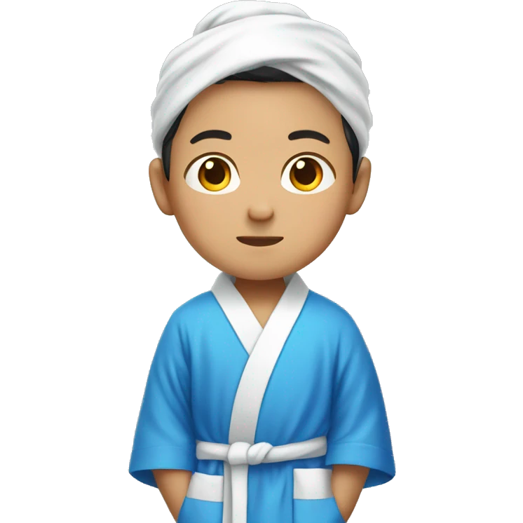korean boy in white tshirt wearing a blue bath robe emoji