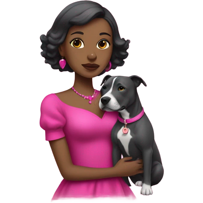 Black lady with black hair wearing hot pink dress hugging all grey pitbull with pink collar emoji