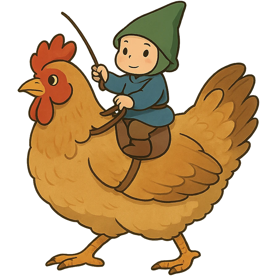 ghibli style chicken jockey small character riding a chicken emoji