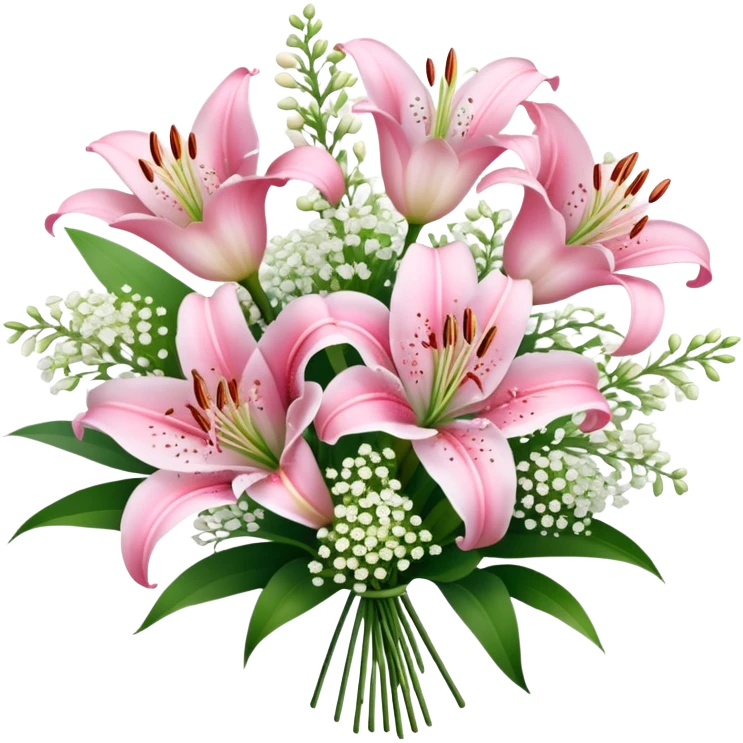 a bouquet of pink lilies with baby's breath flower  emoji