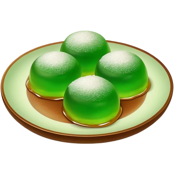 four green spherical warabi mochi on the plate emoji